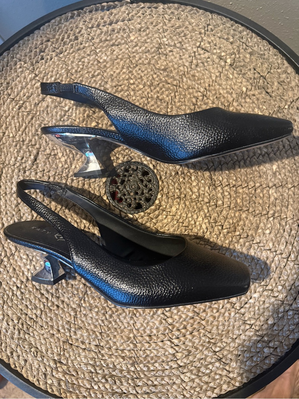 Katy Perry Collections Black Textured Slingback Heels with Sculpted Silver Heel